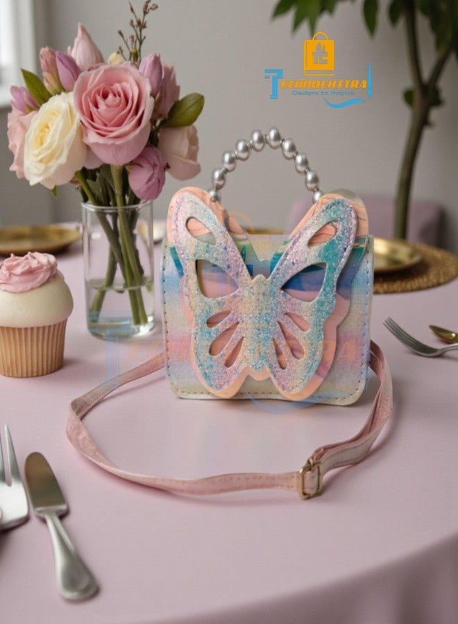 TECHNOCHITRA Fashion Sparkle Butterfly Sling Bag for Kids Girls | Glitter Purse with Pearl Handle and Adjustable Belt| Cute & Handy Multipurpose Pouch - Image 5